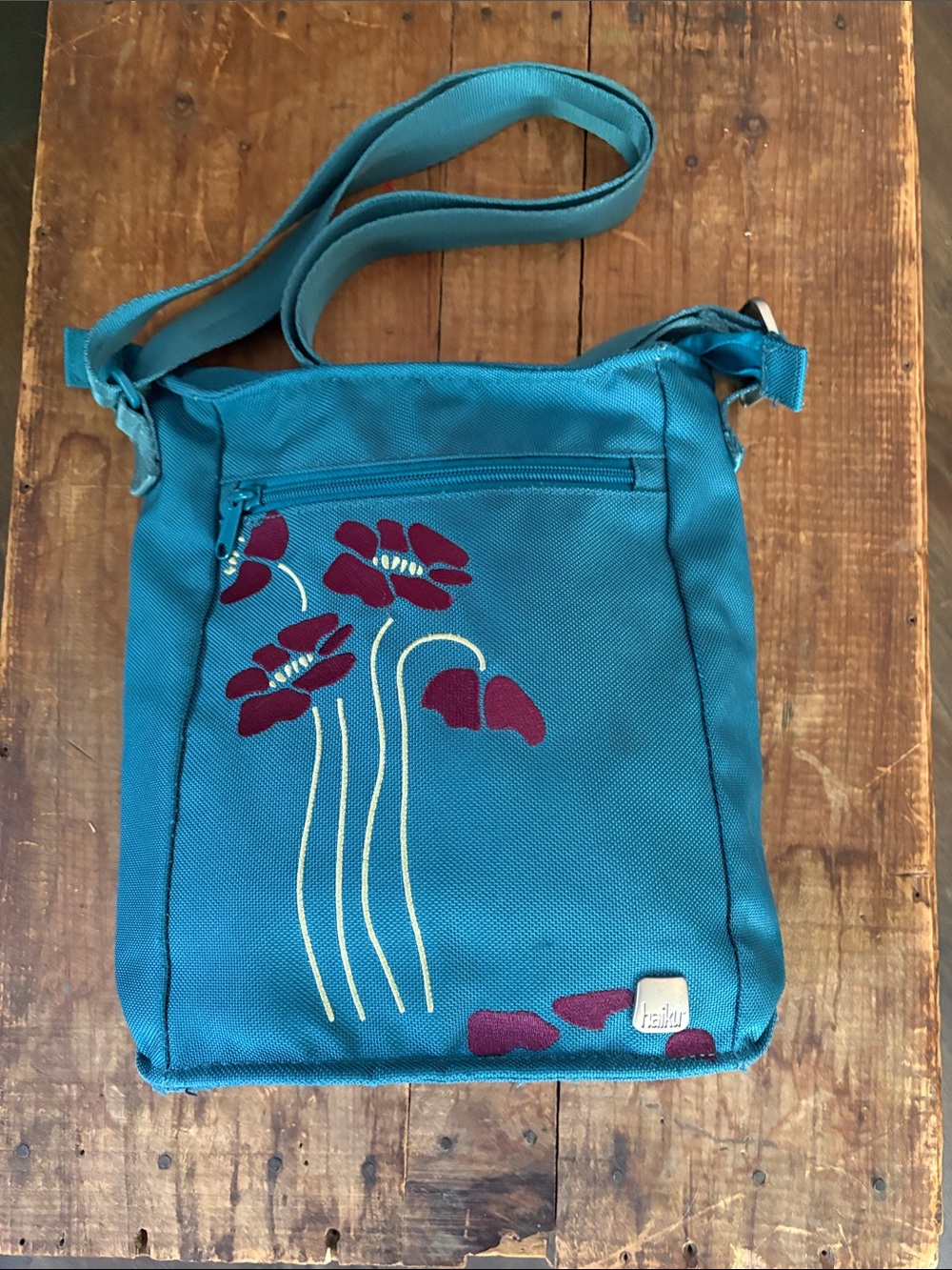 Haiku Rumi Scoop Crossbody Purse Teal Blue Embroidered Floral Eco